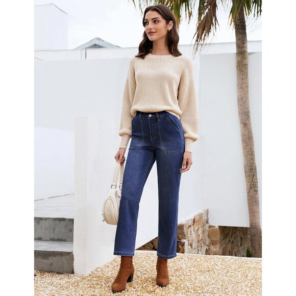 Women Straight Leg Jeans High Waisted Stretchy Denim Ankle Length Pockets - Picture 2 of 8